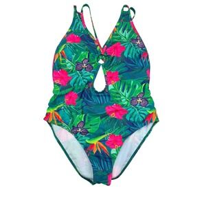 Tropical Floral Keyhole One Piece Swimsuit XL Green Pink Strappy Back Cutout